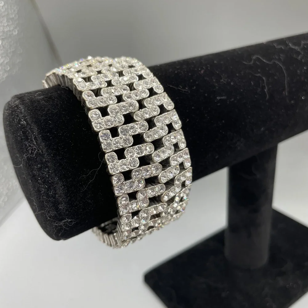 Vintage Silver Tone Clear Rhinestone 5 Row Interlocking Stretch Cuff Bracelet